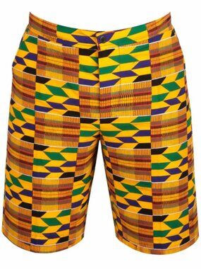 Men’s Kente Print Ankara Shorts – Yellow African Patchwork Tailored Shorts
